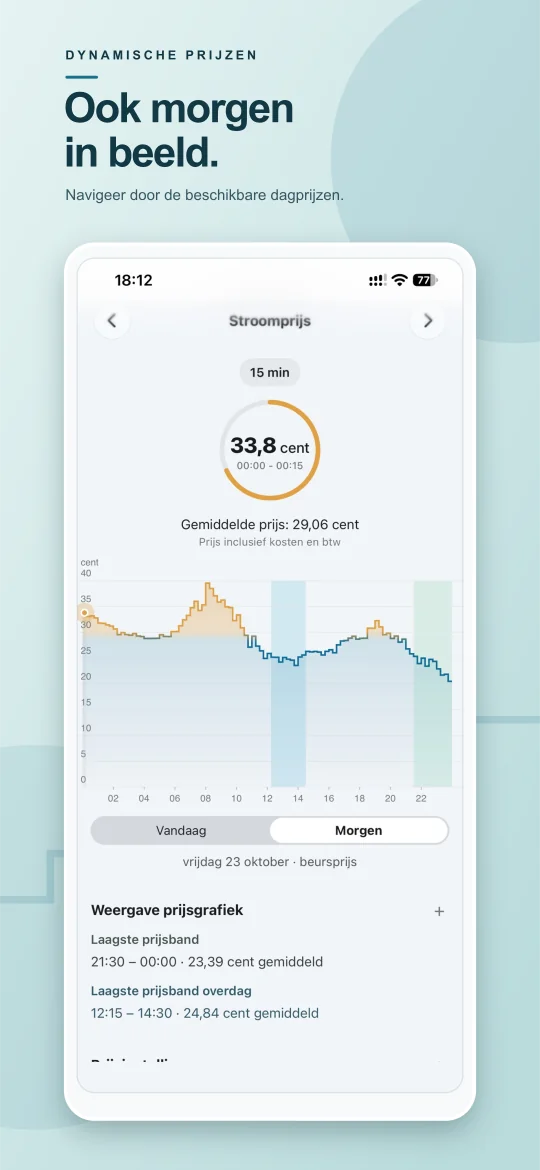 iOS-appscherm met de beschikbare stroomprijzen van morgen